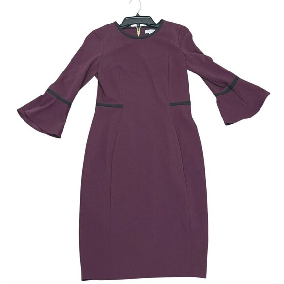 Calvin Klein Dark Purple Bell Sleeve Stretch Crepe Sheath Dress Size 12 Classic - Picture 3 of 8